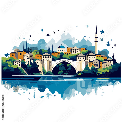 copy space, simple vector illustration, famous bridge in Mostar in the Federation of Bosnia and Herzegovina. View on Stari Most, the old bridge on the Neretva river in the city centre. Famous touristi