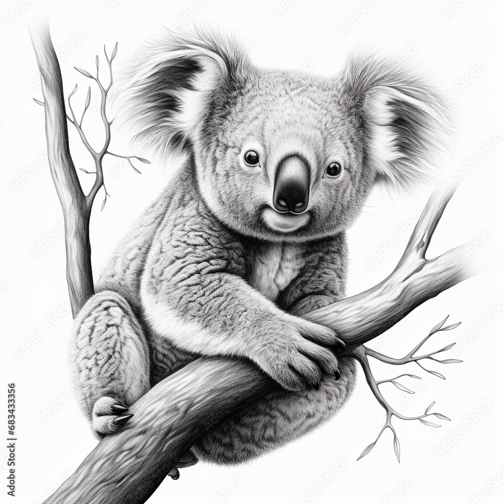 Black and white illustration of a cute koala climbing a tree. Is an endangered and protected animal. Black and white illustration of a cute koala climbing a tree. Is an endangered and protected animal.