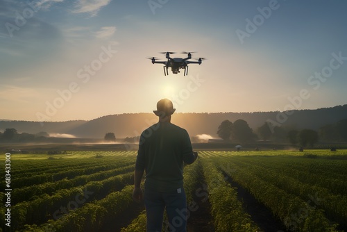 a man in the green farm fields flying a modern tech drone monitoring agriculture, innovative concept photo