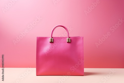 Pink shopping bag on pink background. Shopping sale delivery concept