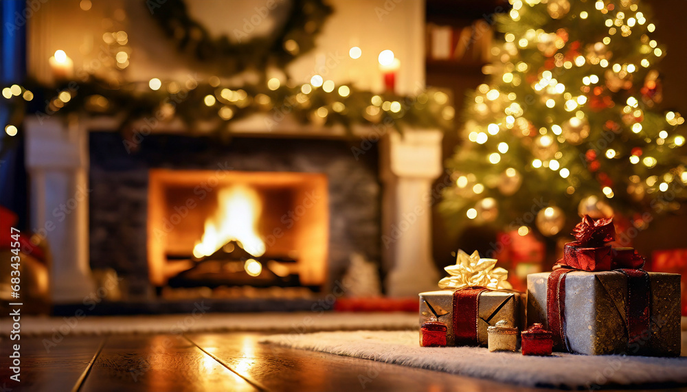 cozy room with fireplace and Christmas tree with presents cozy room with fireplace and Christmas tree with presents