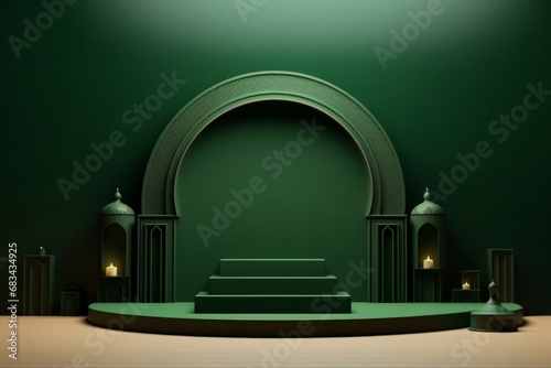 3d modern Islamic holiday banner in green monotone design. Display podium with Ramadan lantern, metal moon and mosque portal.