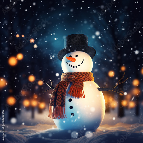 Closeup of smiling snowman on the snow floor on the beautiful night