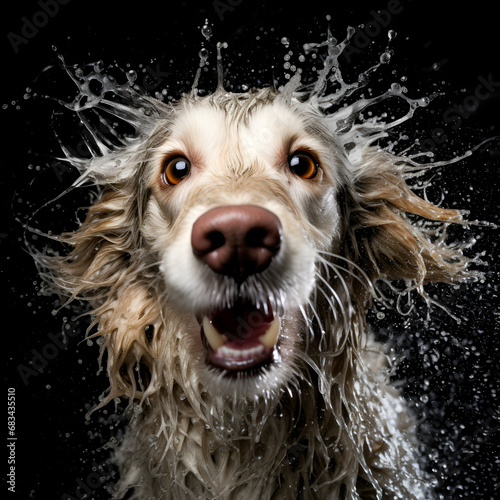 dog head washed wet closeup on a black background with water drops