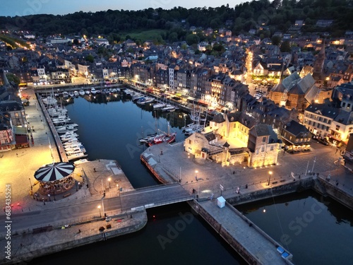 Canvas Print Old harbour viewed at dusk Honfleur France drone aerial