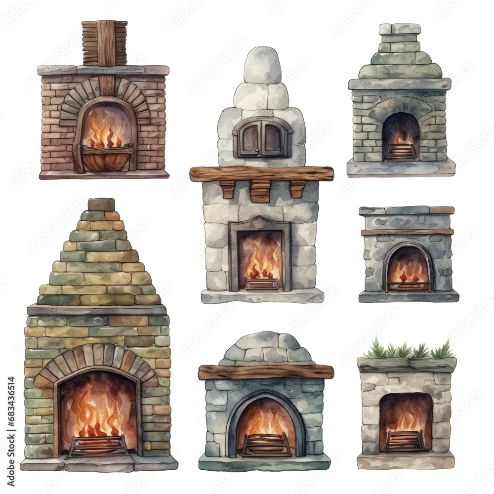 Watercolor fireplace ornament set. Hand draw isolated on transparent background.