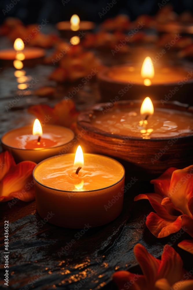 A group of lit candles sitting on top of a table. This image can be used to create a warm and cozy atmosphere for various occasions. A group of lit candles sitting on top of a table. This image can be used to create a warm and cozy atmosphere for various occasions.