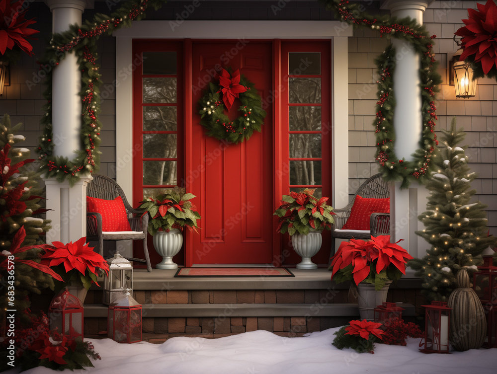 A Photo of A Classic Red and Green Themed Holiday Porch With Poinsettias Wreaths and A Welcome Sign A Photo of A Classic Red and Green Themed Holiday Porch With Poinsettias Wreaths and A Welcome Sign