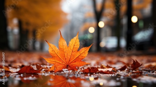 Autumn Leaves in Focus Amidst the Rain Blur Background