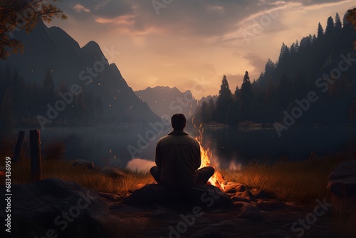 a man sitting near a campfire taking warmth at cold winters night © DailyLifeImages