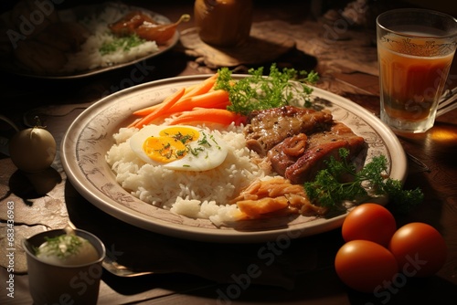 A dish served in a restaurant with rice and fried pork