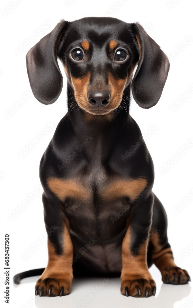 Dachshund dog sitting and looking at the camera in front isolated of white background