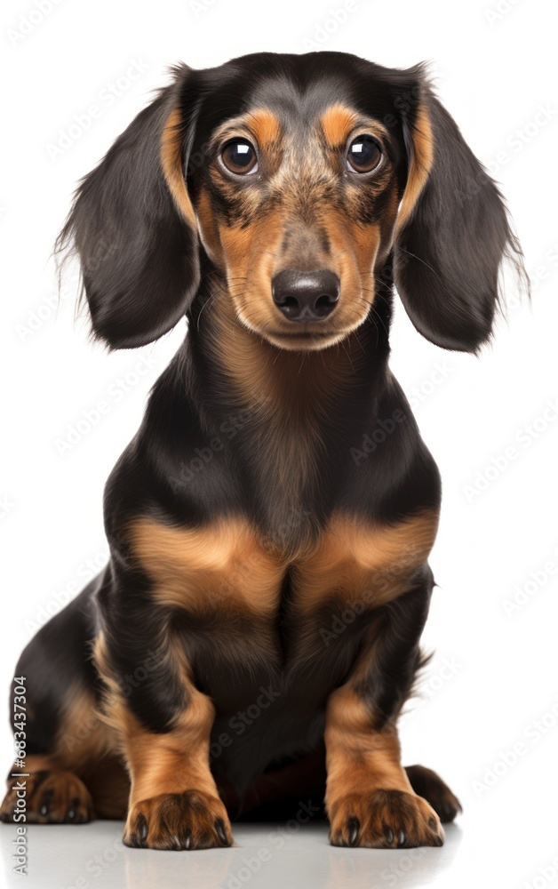 Dachshund dog sitting at the camera in front isolated of white background