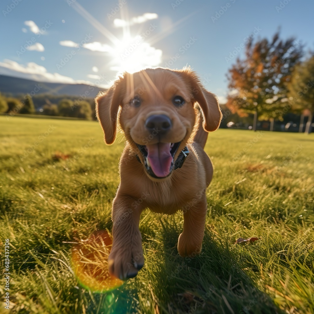 Puppy playing happily on the lawn