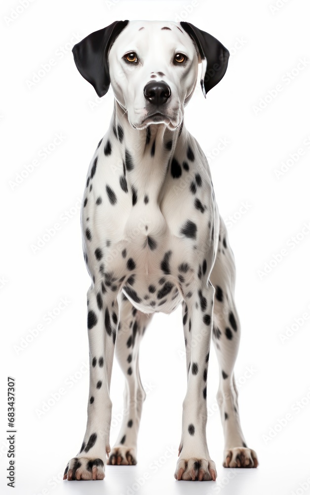 Dalmatian dog standing and looking at the camera in front isolated of a white background