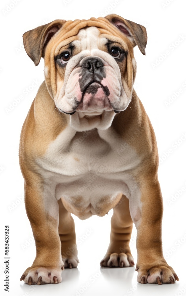English Bulldog dog standing at the camera in front isolated of white background