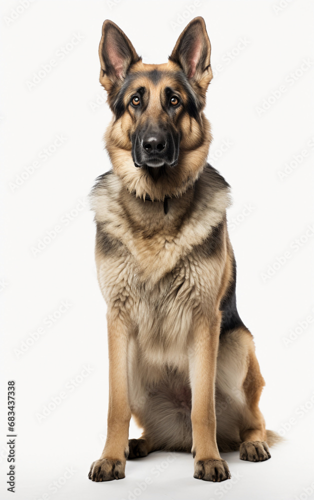 german shepherd dog sitting at the camera in front isolated of white background
