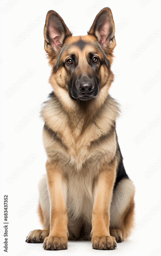 german shepherd dog sitting and looking at the camera in front isolated of white background