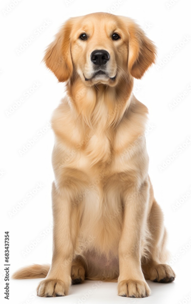 golden retriever dog sitting at the camera in front isolated of white background