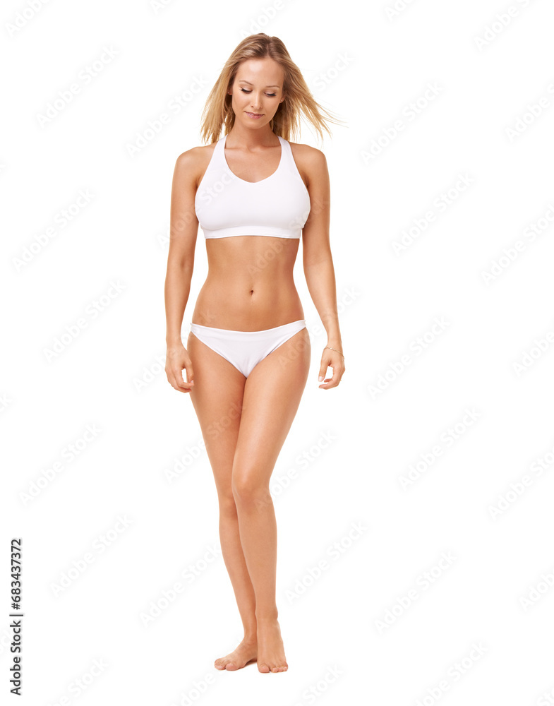 Confident, woman and body with fitness in underwear, sports bra and lady in white background of studio. Healthy, model and person with weight loss in lingerie with wellness, beauty or mock up space Confident, woman and body with fitness in underwear, sports bra and lady in white background of studio. Healthy, model and person with weight loss in lingerie with wellness, beauty or mock up space