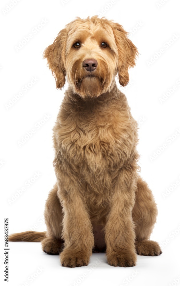 Labradoodle dog sitting and looking at the camera in front isolated of white background