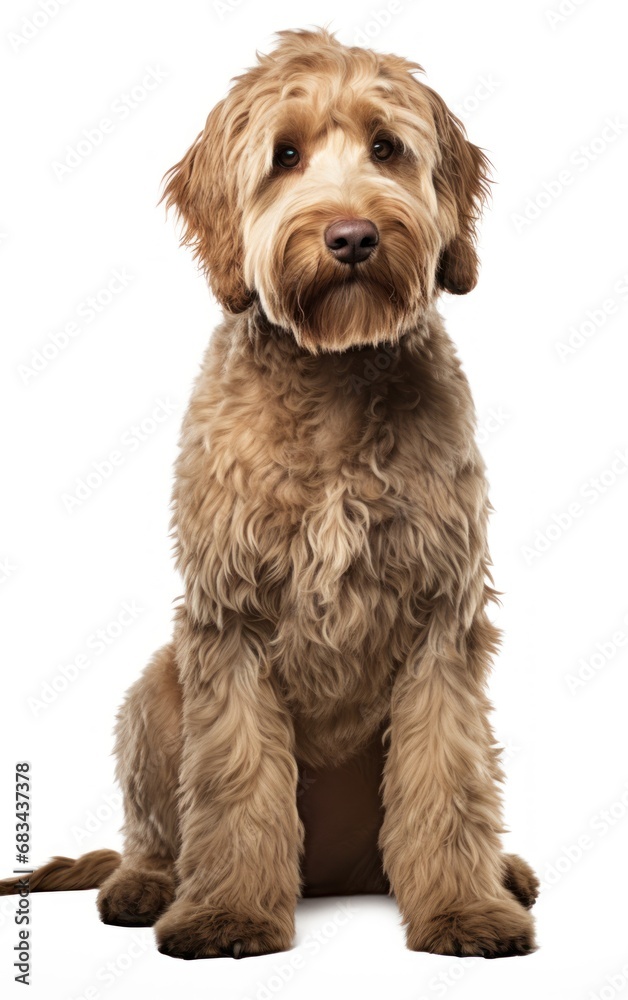 Labradoodle dog sitting at the camera in front isolated of white background Labradoodle dog sitting at the camera in front isolated of white background