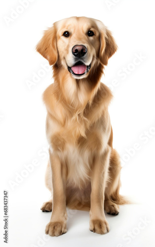 golden retriever dog sitting and looking at the camera in front isolated of white background