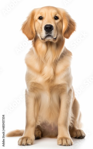 golden retriever dog sitting at the camera in front isolated of white background © somkcr