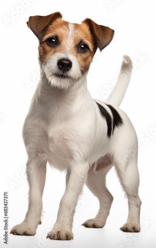 jack russell terrier dog standing and looking at the camera in front isolated of white background