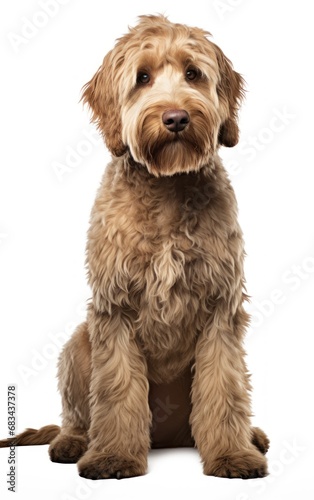 Labradoodle dog sitting at the camera in front isolated of white background