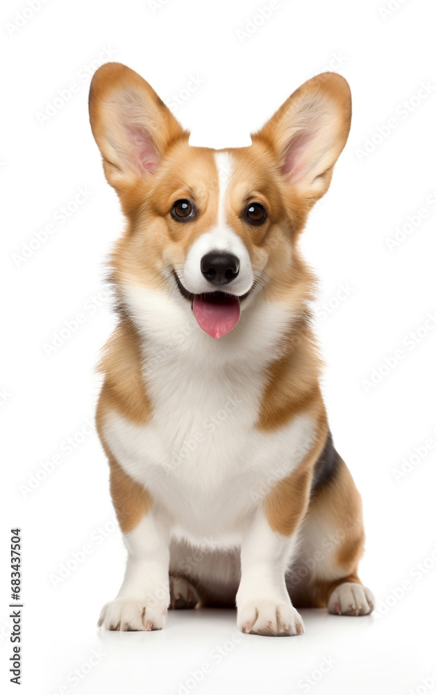 Welsh Corgia dog sitting and looking at the camera in front isolated of white background