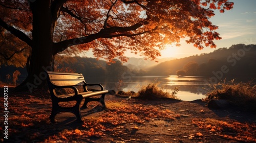 Park bench in a park with trees and golden light