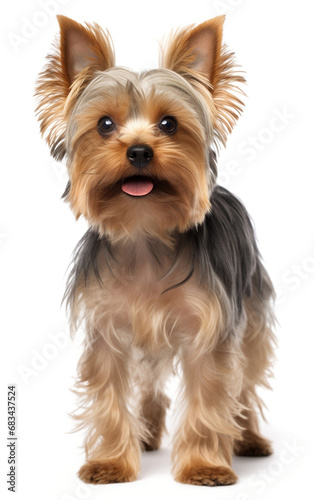 Yorkshire Terrier standing and looking at the camera in front isolated of white background