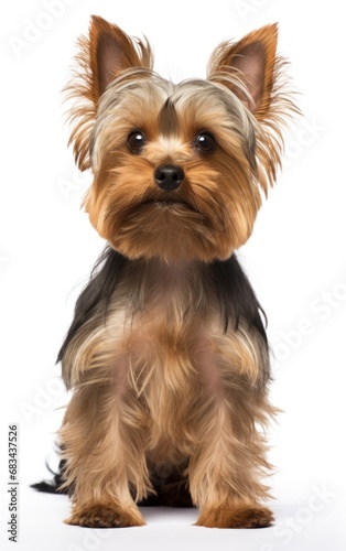 Side view of Yorkshire Terrier dog sitting at the camera in front isolated of a white background.