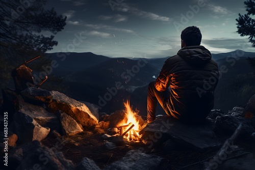 a man sitting near a campfire taking warmth at cold winters night