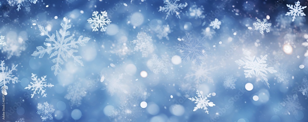 flying snowflakes close-up against blurred bokeh background, Christmas banner, copy space