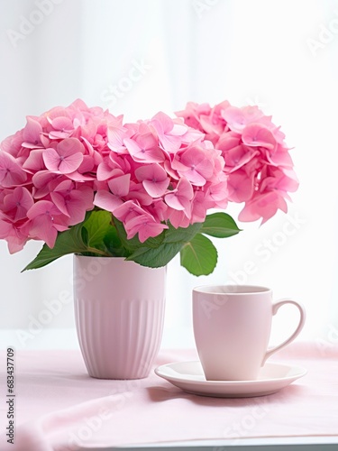 Vase with bouquet of pink hortensia flowers and cup of coffee on a table.