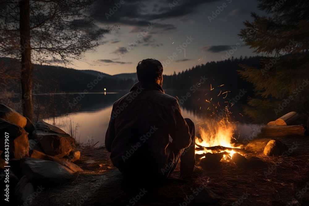 a man sitting near a campfire taking warmth at cold winters night