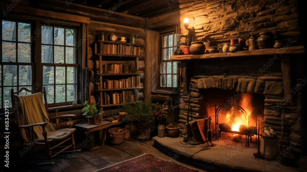 The atmosphere inside the cabin with the fireplace lit in winter. Smooth looping video background animation. Generated with AI