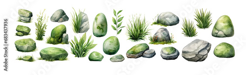 Watercolor stones with green moss ornament set. Hand drawn isolated on transparent background. © gusion