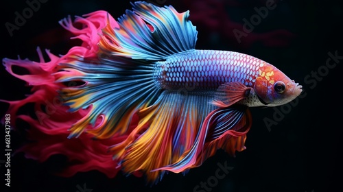 A Betta splendens in full ultra HD, elegantly swimming among intricate coral formations, creating a mesmerizing scene.