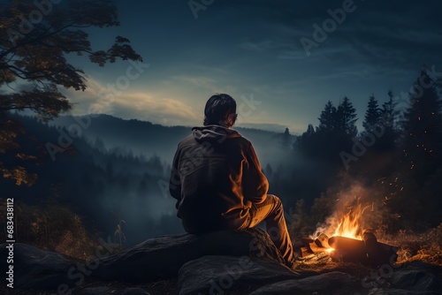a man sitting near a campfire taking warmth at cold winters night photo