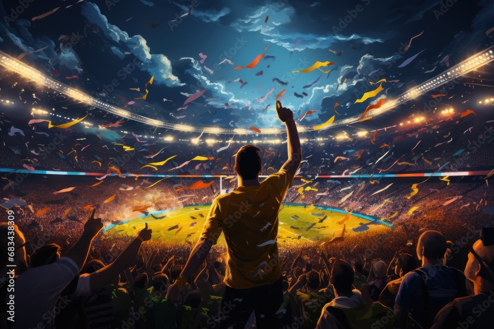 Cheering crowd at a soccer stadium during the match. The concept of sport. Football or Soccer Fans Concept With a Space For a Text. - obrazy, fototapety, plakaty 