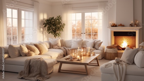 A cozy white living room with plush sofas, warm lighting, and soft furnishings, radiating the comfort of home.