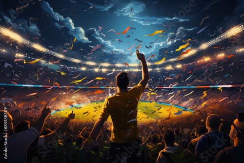 Cheering crowd at a soccer stadium during the match. The concept of sport. Football or Soccer Fans Concept With a Space For a Text.