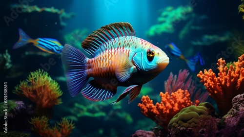A brilliant and colorful Peacock Cichlid swimming in its high-detailed © Zia