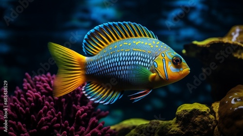 A brilliant and colorful Peacock Cichlid swimming in its high-detailed