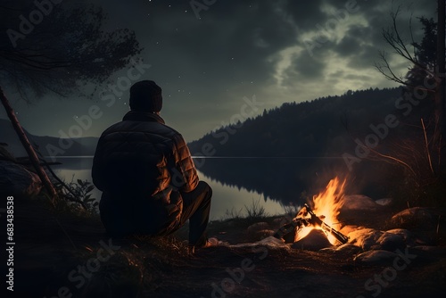 a man sitting near a campfire taking warmth at cold winters night