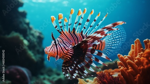 A captivating Lionfish (Pterois) in its natural environment, showcasing its majestic presence and unique markings, in full ultra HD quality.