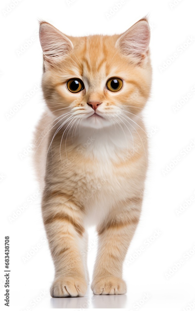 Munchkin Fluffy Cat standing at the camera in front isolated of white background